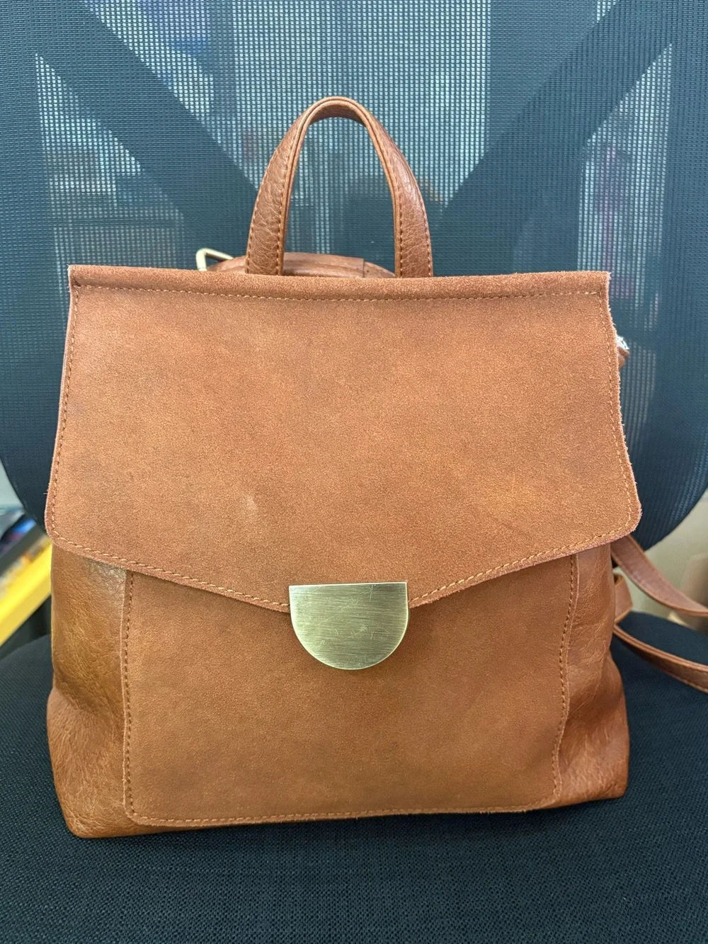 Leather/Suede Backpack Purse in Cognac Brown